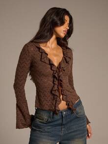 Aloruh Women's Autumn/Winter New Lace Ruffle Tie-Up Long Sleeve Deep V Bodycon Sexy Brown Hollow Out Cardigan - Brown - View 7