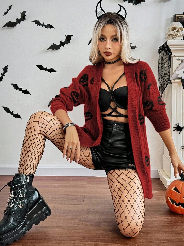SHEIN ChicEase 女性用ハロウィンスカル柄長袖カーディガン | SHEIN JAPAN