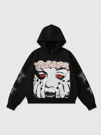 Street Life Sudadera holgada y corta con estampado de personaje para hombres