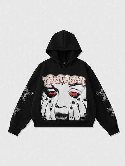 Street Life Sudadera holgada y corta con estampado de personaje para hombres