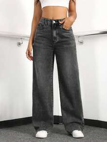 EURMUSE Women's Loose Fit Casual Denim Jeans With Side Pockets And Wide-Leg Design - Dark Grey - View 4