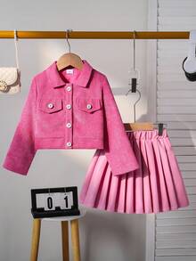 Elladie kids Girls'Fashion Light Pink Corduroy Jacket + Pleated Leather Skirt Set,Back-To-School Autumn Career Day Outfit For 4-7 Years Old,Solid Long Sleeve,Gift - Pink - View 3
