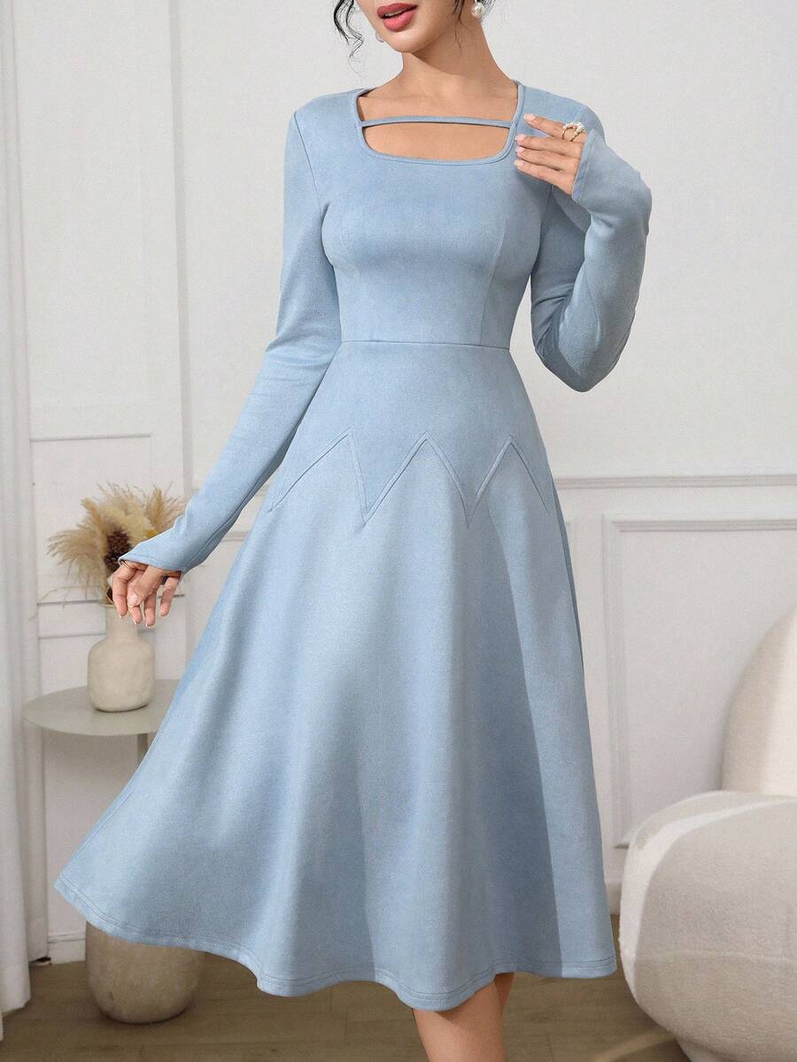 Modelyn Elegant Fashionable Square Neck Ruffle Hem Suede Baby Blue Women's Mid-Length Dress - Blue - View 1