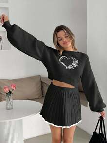 EURMUSE Niedlicher Rundhals-Pullover mit einfarbigem Fallschulter-Ballonärmel, Herz-Stickerei und einfarbiger mini plissierter gestrickter Rock, 2 Stücke Set für Damen im Herbst und Winter