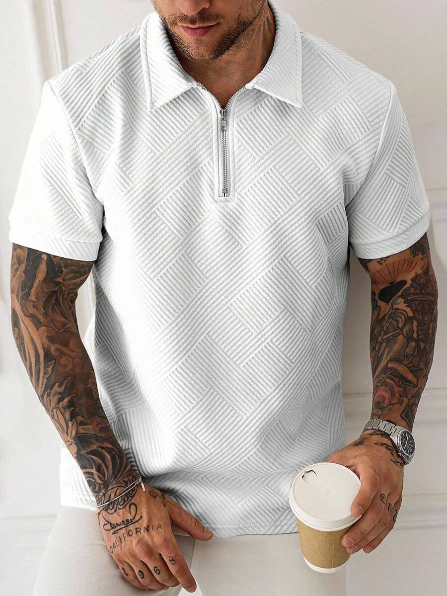 Manfinity Homme 男士實色紋理短袖polo衫 - 白色 - 查看 1