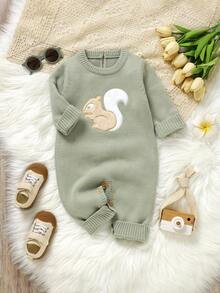 浅绿色婴幼儿可爱松鼠刺绣连体衣，圆领长袖休闲风格 - 橄欖綠 - 查看 1