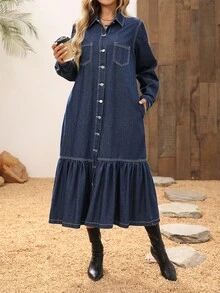 EMERY ROSE 女式休闲前扣牛仔连衣裙，秋季 - 藍色 - 查看 4