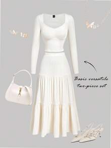 SHEIN MOD 2 件套：修身长袖方领上衣和层叠百褶裙，日常休闲装，白色裙子和上衣套装，奶油色两件套，夏季两件套裙，女士 2 件套裙，层叠裙套装，女士秋季服装 - 白色 - 查看 1