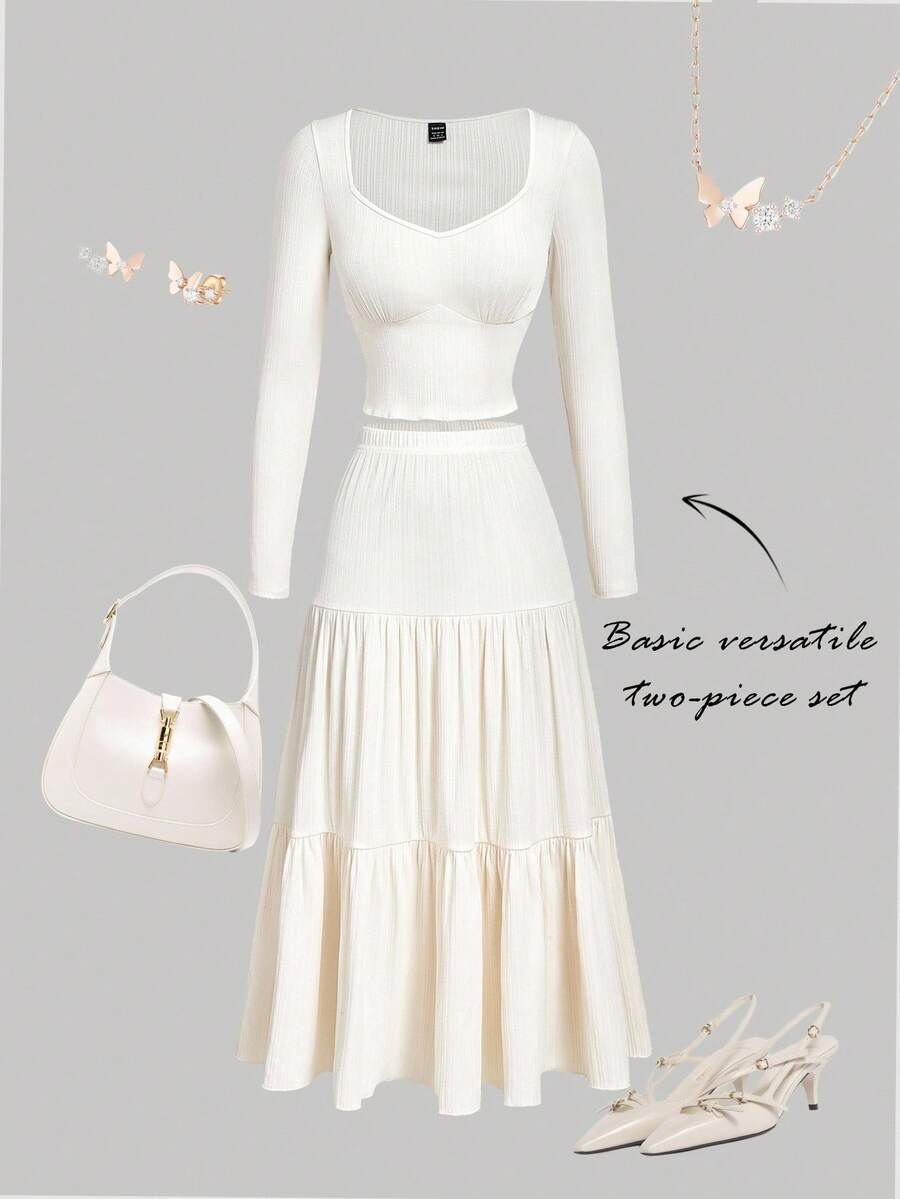 SHEIN MOD 2 件套：修身长袖方领上衣和层叠百褶裙，日常休闲装，白色裙子和上衣套装，奶油色两件套，夏季两件套裙，女士 2 件套裙，层叠裙套装，女士秋季服装 - 白色 - 查看 1