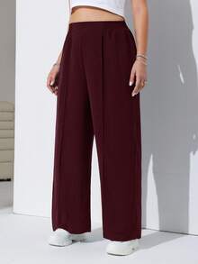 SHEIN EZwear 酒红色加大码女式纯色褶皱休闲宽松裤 - 酒紅色 - 查看 5