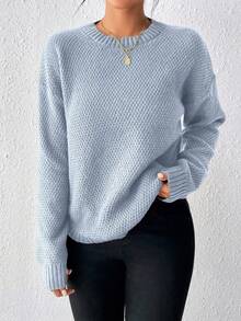 EMERY ROSE 女式休闲宽松落肩圆领长袖纯色毛衣，秋季 - 淺藍色 - 查看 5