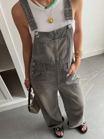 Livesso Women's Loose Casual Distressed Washed Denim Bib Pants, Autumn/Winter Overalls Women Jeans