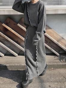 FRIFUL Women's Loose Fit Drop Shoulder Colorblock Sweater & Straight Hem Long Skirt 2 Pieces Set, Suitable For Airport Travel, Autumn - Grey - View 5