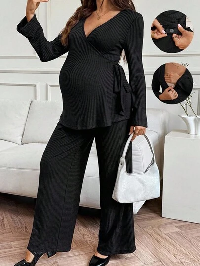 SHEIN 2 件套孕妇纯色裹身系带长袖上衣和可调节腰部裤子休闲装