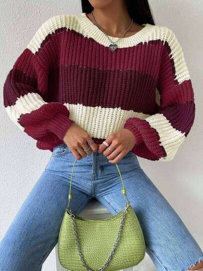 Chiquease Suéter holgado de cuello redondo de manga larga con contraste de color