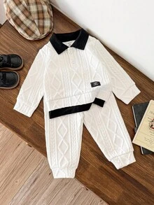 2pcs Baby Boy Two Piece Cable Knit Set,White,Autumn,Modest,Family Matching,Back-To-School Collegiate Patchwork Polo Long Sleeve Top And Pants,6M-3T - White - View 3