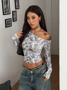 Coolane 女士秋冬音乐会日常穿搭必备树枝图案针织弹力舒适不对称领长袖上衣 - 彩色 - 查看 3
