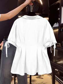 Flirla 大码女式纯色前扣系带休闲短袖上衣 - 白色 - 查看 2