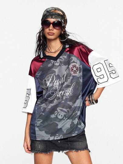 Paul Frank X ROMWE Subculture Camouflage Embroidered Oversized Women T-Shirt