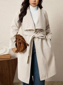 SHEIN LUNE 大码女式纯色翻领长袖系带休闲外套，秋冬外出外套，商务时尚冬装 - 杏色 - 查看 7