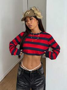 StreetHx Women's Colorblock Striped Cropped Crew Neck Sweatshirt - Multicolor - View 6