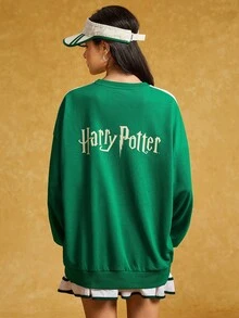 HARRY POTTER X SHEIN 字母图案拼色圆领长袖卫衣 - 綠色 - 查看 2