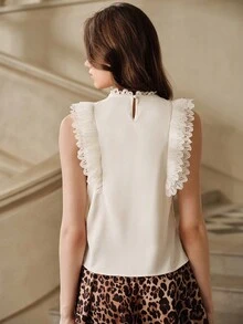 Anewsta Savoree Elegant Fashion Heavy Beaded & Rhinestone Floral Decor Stand Collar Lace Trim Double Layer Hollow Ruffle Hem Sleeveless Apricot Blouse For Women