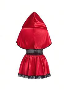 Fantasy Costume Fantasy Costume 2pcs Halloween Little Red Riding Hood Witch Costume For Women, Includes Lace Trim Satin Shawl And Dress With Ruffle Hem And Criss-Cross Straps - Red - View 6