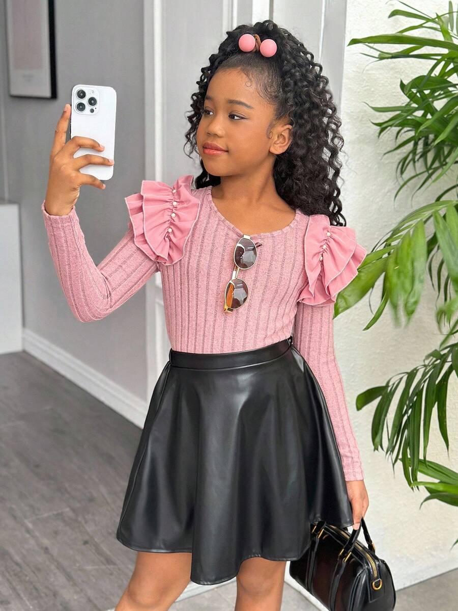 2pcs/Set Girls Elegant Pink Ruffled Pearl Decor Long Sleeve Ribbed Knit Top And PU Elastic Waist Skirt Set,Autumn Country Concert Outings Gatherings - Pink - View 1