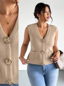Firerie Plus Size New Arrival Early Spring Korean Style Loose Metal Buckle Luxury Fashion Women Knitted Sweater Vest Sweater Vest For Women Sleeveless Sweater Vest Women Vest Light Brown Sweater Vest Vest With Rose Buttons In Fall/Winter - Khaki - View 5