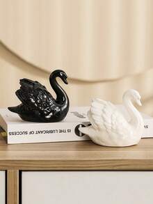 1pc Black & White Ceramic Swan Figurine, Creative Decor For Living Room, Study, Animal Succulent Planter - Multicolor - View 1