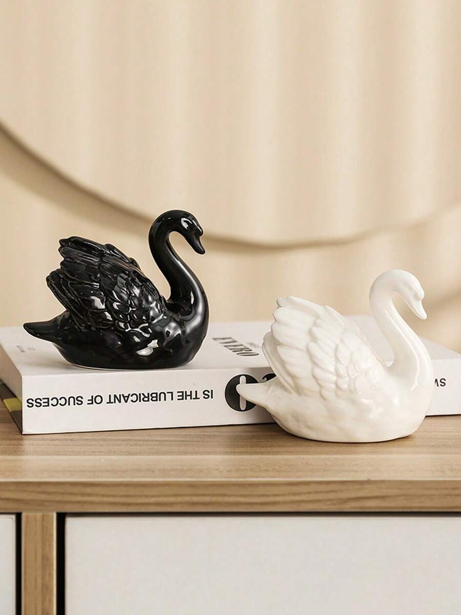 1pc Black & White Ceramic Swan Figurine, Creative Decor For Living Room, Study, Animal Succulent Planter - Multicolor - View 1