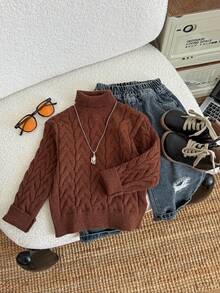 SHEIN Young Boys' Brown Heathered Knit Pullover Sweater, Casual Comfortable Thick Warm High Neck, Versatile For Back To School, Autumn/Winter Fall
