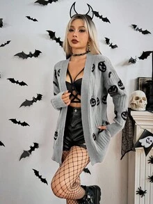 SHEIN Unity Women's Casual Pumpkin Pattern Drop Shoulder Long Sleeve Knit Cardigan, Autumn Halloween Cardigan Halloween Sweater Pumpkin Sweater - Grey - View 6
