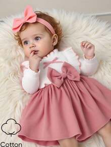 Abito da neonata con colletto in pizzo bianco, patchwork rosa, fiocco, elegante e retrò, morbido e confortevole, adatto per l'autunno e l'inverno