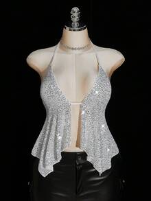 SHEIN ICON Top halter con cuello de lentejuelas y bajo asimétrico sexy, talla grande, top de fiesta con cuello halter de lentejuelas, estilo Y2K - Plateado - Ver 1
