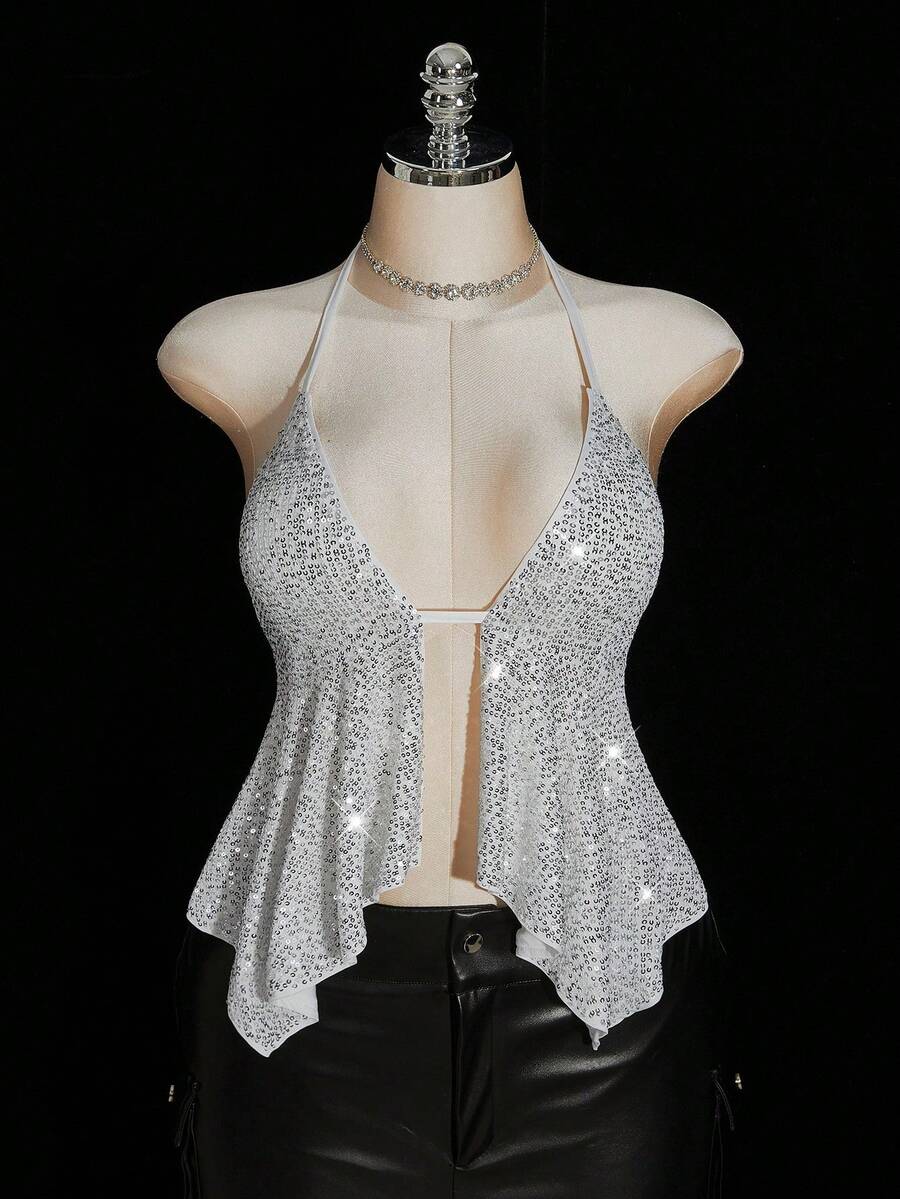 SHEIN ICON Top halter con cuello de lentejuelas y bajo asimétrico sexy, talla grande, top de fiesta con cuello halter de lentejuelas, estilo Y2K - Plateado - Ver 1