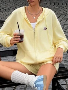 Jouncy Women's Autumn Letter Graphic Drop Shoulder Zip Front Hoodie And Shorts Casual Suit - Yellow - View 2