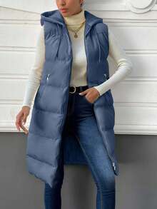 EURMUSE Women's Casual Solid Color Sleeveless Hooded Jacket, Versatile For Winter - Dusty Blue - View 1