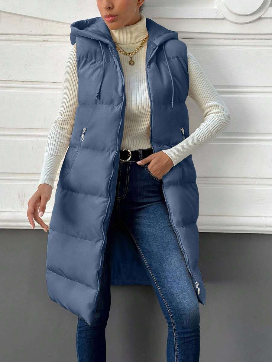 EURMUSE Women's Casual Solid Color Sleeveless Hooded Jacket, Versatile For Winter - Dusty Blue - View 1