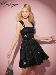 少女节日派对宴会法式少女金属光泽方领细肩带公主迷你连衣裙 - 黑色 - 查看 9