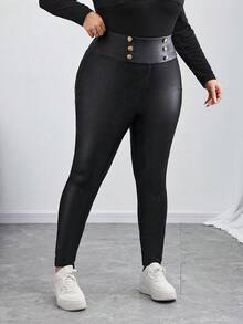 SHEIN CURVE+ Leggings de cuero negro de talla grande de cintura alta, para otoño/invierno - Negro - Ver 6