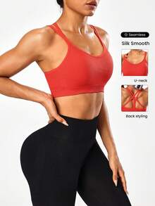 Seamluxe SHEIN Sport Women's Solid Color Criss-Cross Back Wireless Sports Bra, Summer - Red - View 4