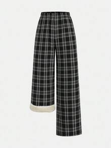 SHEIN Teen Girls' Plaid Thermal Lined Casual Sweatpants Plaid Pants Checkered Pants Teen Baggy Pants Black And White Plaid Pants Loose Pants Fall Winter - Black and White - View 5