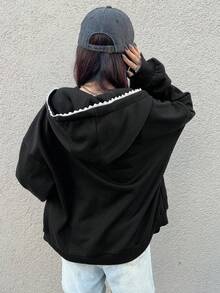 FRIFUL Women's Letter Print Lace Patchwork Black Hoodie Sweatshirt, Loose Fit Thick Thermal Lined Colorblock Jacket School - Black - View 3
