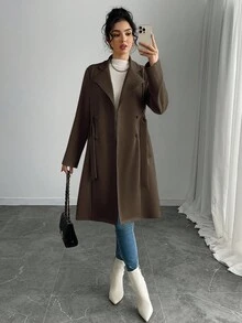 Rafferiza Petite 女士优雅纯色仿麂皮中长款常规夹克 - 棕色 - 查看 5