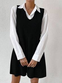 EMERY ROSE Women's Casual Daily Simple Solid Color V-Neck Sleeveless Loose Knit Sweater Dress, Autumn/Winter (Excluding Shirt) - Black - View 4