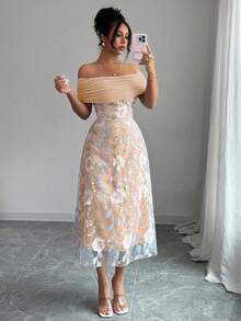 Modelyn Váy hè tối giản hở vai thêu họa tiết lưới polyester dành cho nữ - Bụi hồng - Xem 7