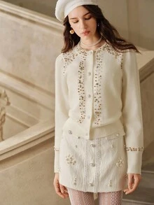 Anewsta Savoree Cardigan elegante e romantico da donna per autunno/inverno, con perline decorative, collo tondo, bottoni in perla davanti, manica lunga, effetto ringiovanente - Beige - Visualizzare 6