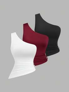 Sweetra 女士新款不对称单肩金属扣装饰衬衫套装，适合海滩度假，春夏季 - 彩色 - 查看 6